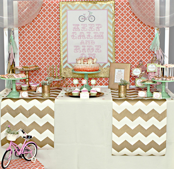 Vintage Bicycle Party - Chevron - Gold - Coral - Mint - Pink