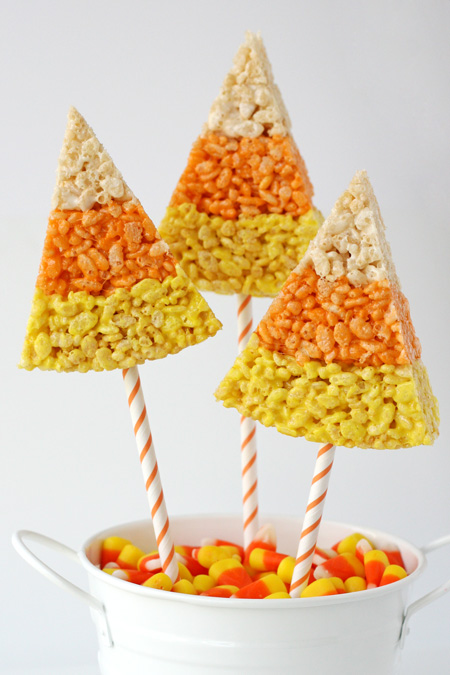 Candy-Corn-Rice Krispie on a stick. Halloween school party snack