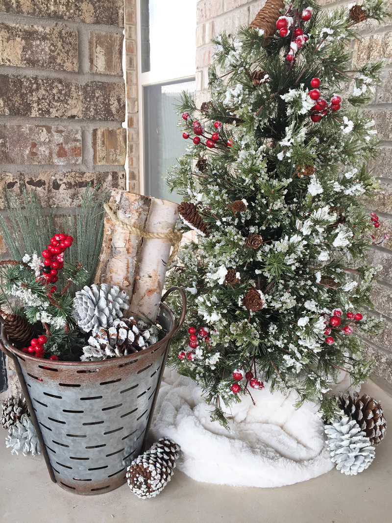 Christmas Tree for an outside fireplace and patio. Rustic farmhouse Christmas decorations.